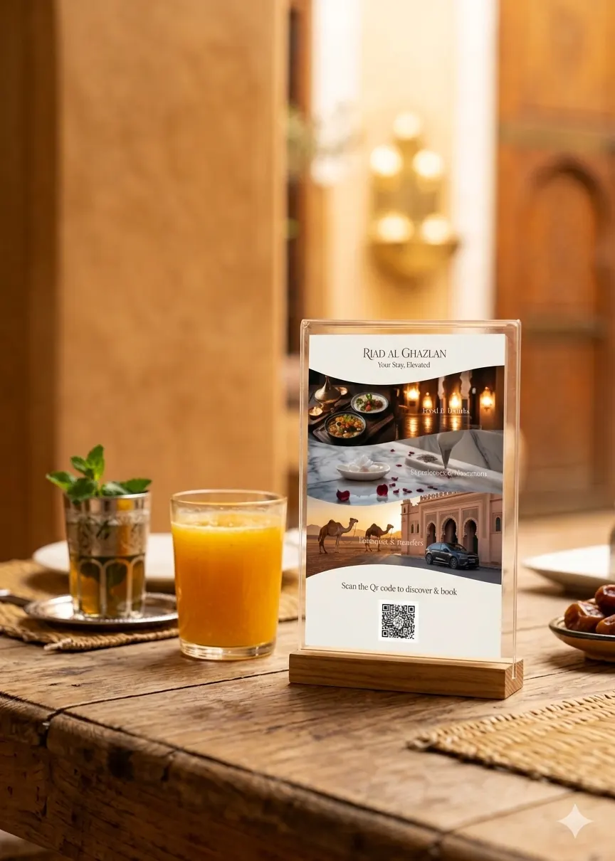 QR code stand on a riad breakfast table
